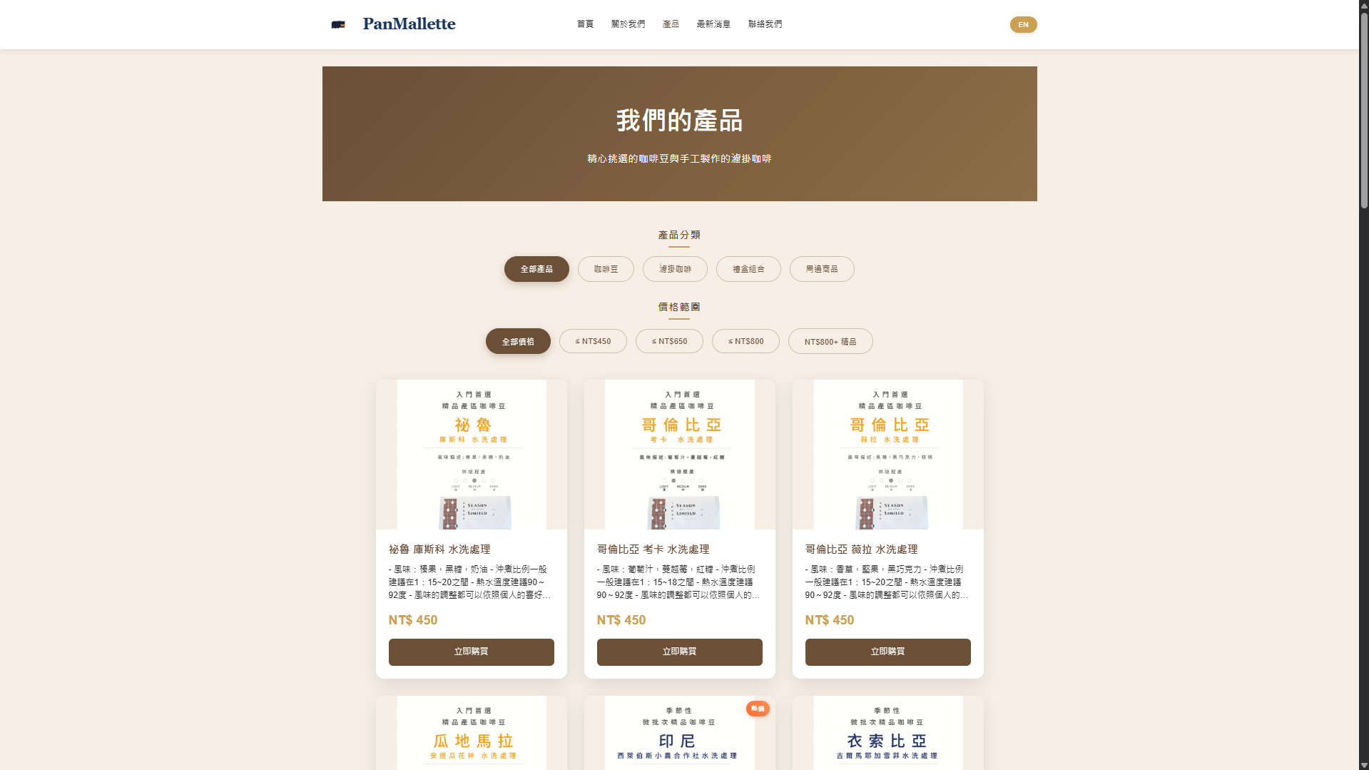 PanMallette Coffee - Products Page